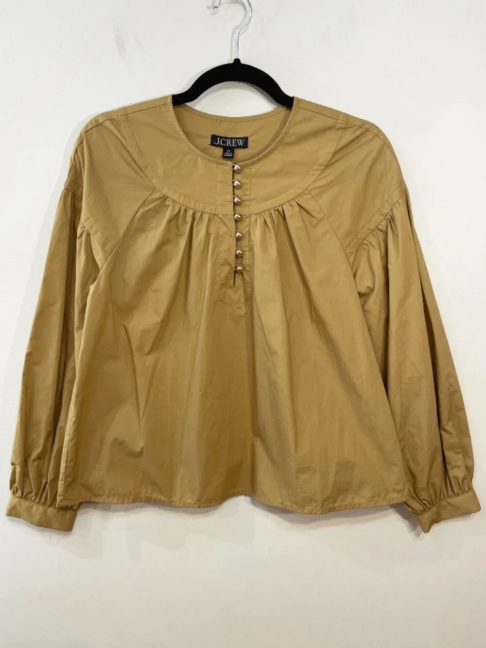 New J.Crew 100% Cotton Gold Button Shirred Popover Blouse Camel XS